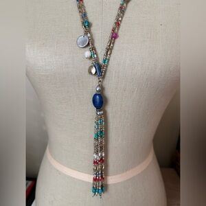 Chico's Blue and Silver Beaded Tassel Necklace